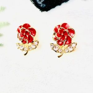 🌹 Elegant Rose Red & Gold Leafed Earrings